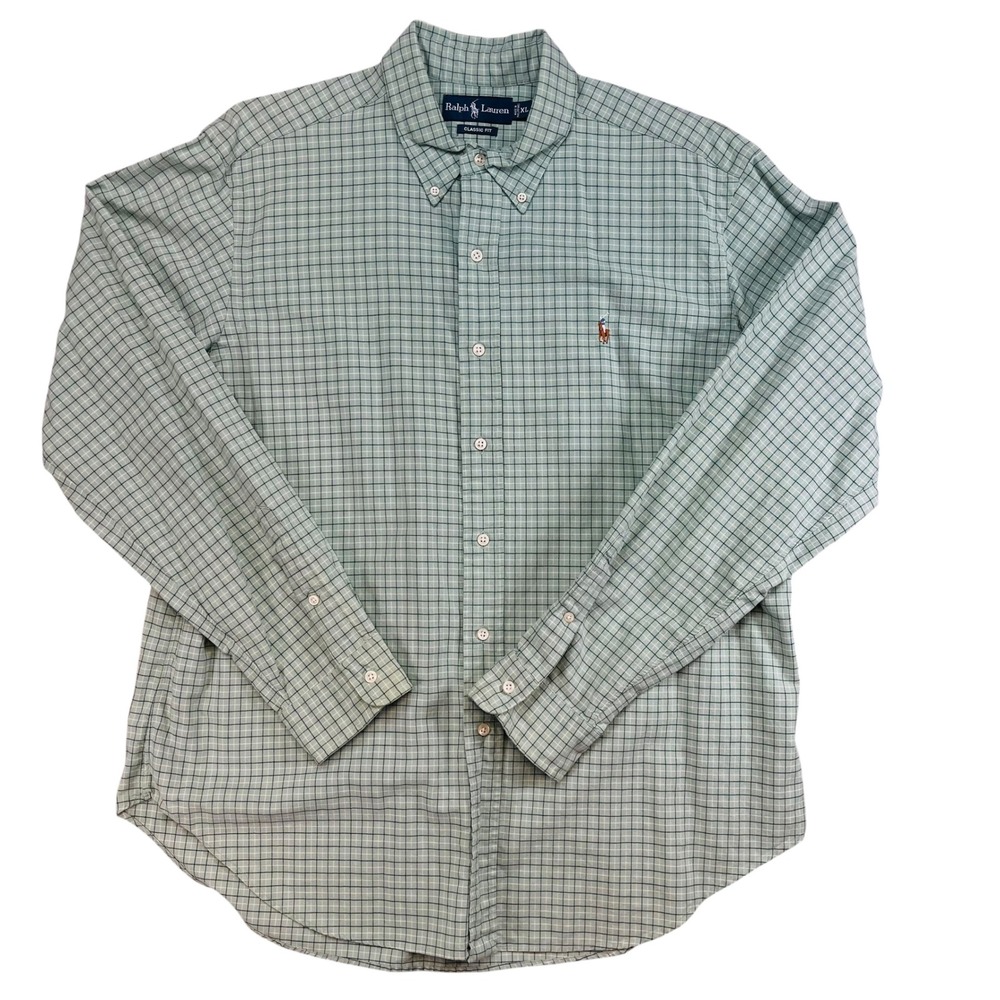 Polo Ralph Lauren Mens XL Classic Fit Green Windowpane Check Button Down Shirt